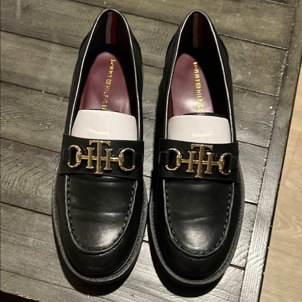 Tommy Hilfiger Black and Gold Loafers